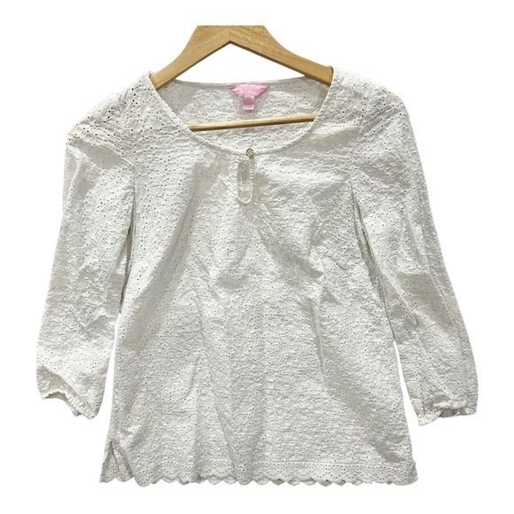 Lilly Pulitzer Tops - Lilly Pulitzer 3/4 Sleeve Cotton Button Front Keyhole White Eyelet Top Womens XS